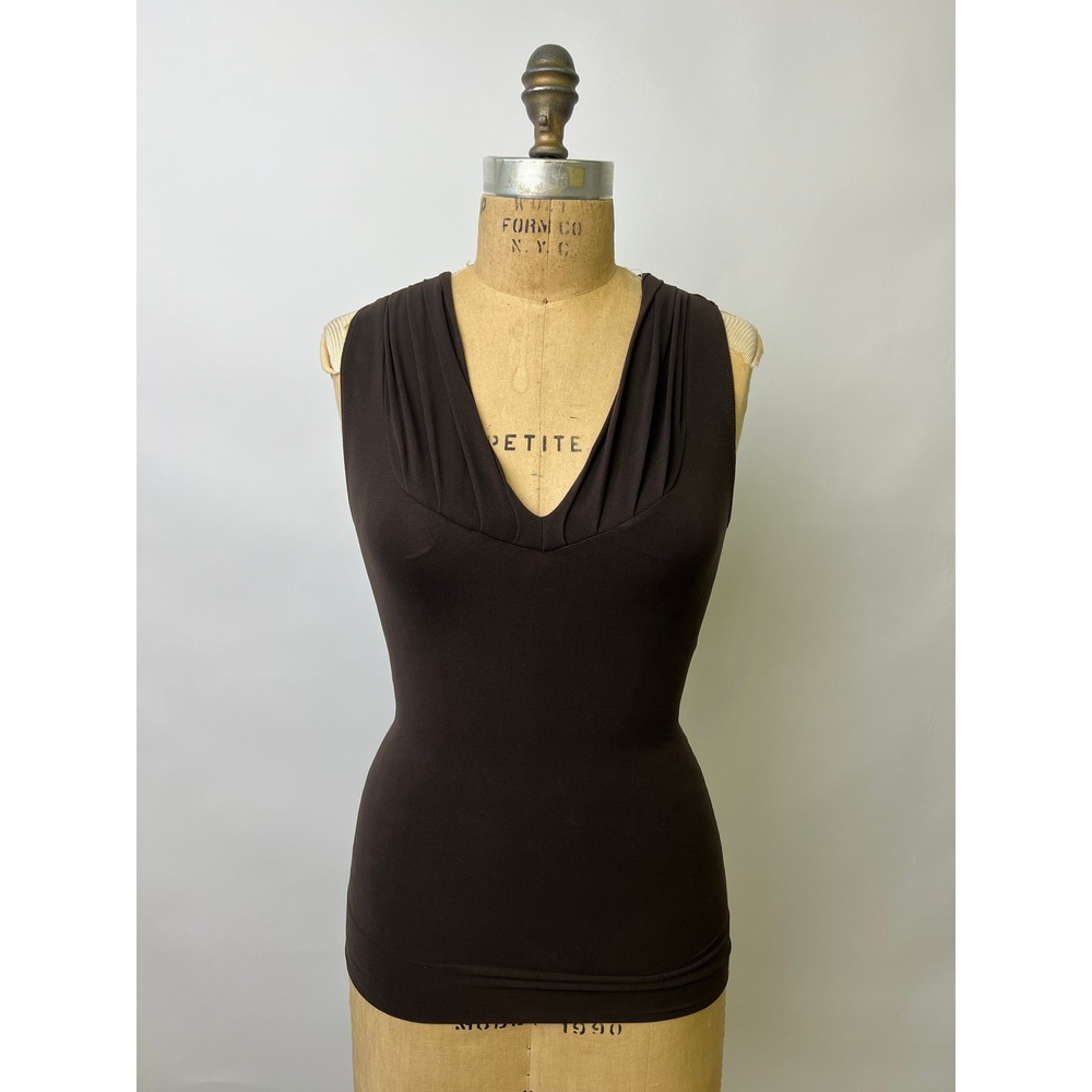 Spanx Womens Brown Pleated V-Neck Sleeveless Compression Tank Top Size XL